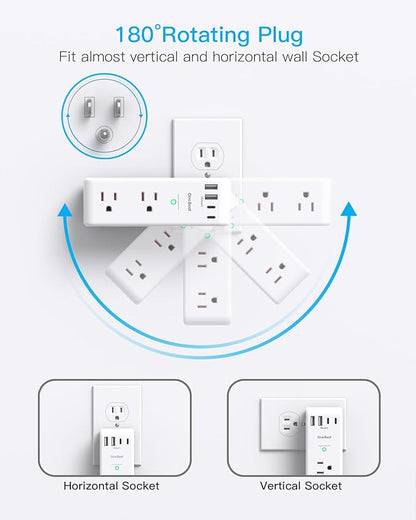 Surge Protector Outlet Extender with Rotating Plug, 6 AC Multi Plug Outlet with 4 USB Ports (3 USB C), 1800 J, 3-Sided Swivel Power Strip with Spaced Outlet Splitter for Dorm Office, White-2 Pack