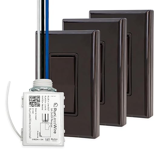 RunLessWire 4-Way Battery-Free DIY Wireless Light Switch Kit 150ft RF Range Self-Powered by Kinetic Energy for Hallways & Stairways: 3 Remote Switches Control 1 5A On/Off Receiver Brown