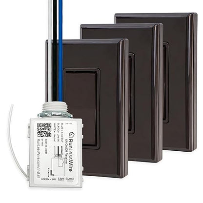 RunLessWire 4-Way Battery-Free DIY Wireless Light Switch Kit 150ft RF Range Self-Powered by Kinetic Energy for Hallways & Stairways: 3 Remote Switches Control 1 5A On/Off Receiver Brown