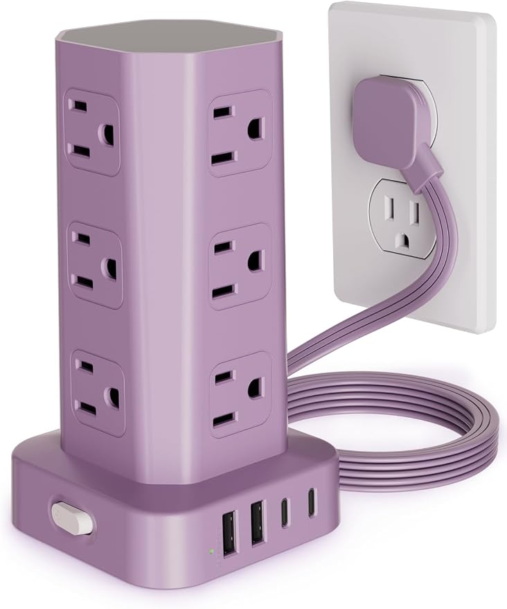 Power Strip Tower Surge Protector, 6FT Flat Plug Extension Cord with Multiple Outlets, 12 AC Outlets 4 USB (2 USB C), Desktop Charging Station with Surge Protection for Home Office Dorm Room, Purple