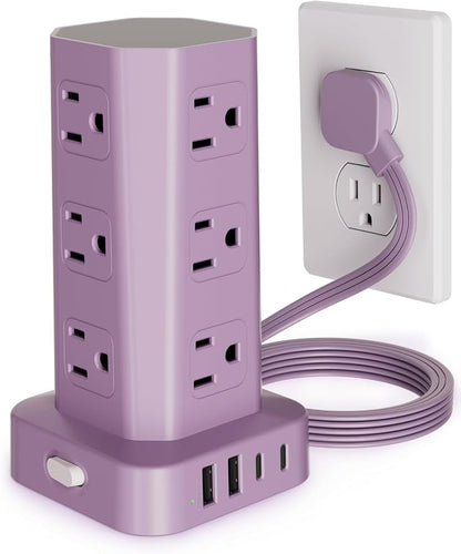 Power Strip Tower Surge Protector, 6FT Flat Plug Extension Cord with Multiple Outlets, 12 AC Outlets 4 USB (2 USB C), Desktop Charging Station with Surge Protection for Home Office Dorm Room, Purple