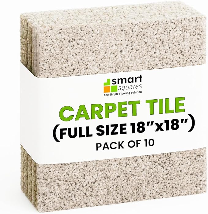 Smart Squares Easy Street Premium Plush Carpet Tiles, Made in USA – 18x18 Peel and Stick Floor Tiles with Attached Padding – Seamless DIY Carpet Squares (22.5 Sq Ft, Pack of 10, 486 Porcelain)