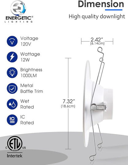 Energetic 5/6 Inch LED Recessed Lighting, 1000LM, 4000K Cool White, 13W=150W, Dimmable LED Can Light, Damp Rated, Simple Retrofit Installation, ETL Listed, 12 Pack