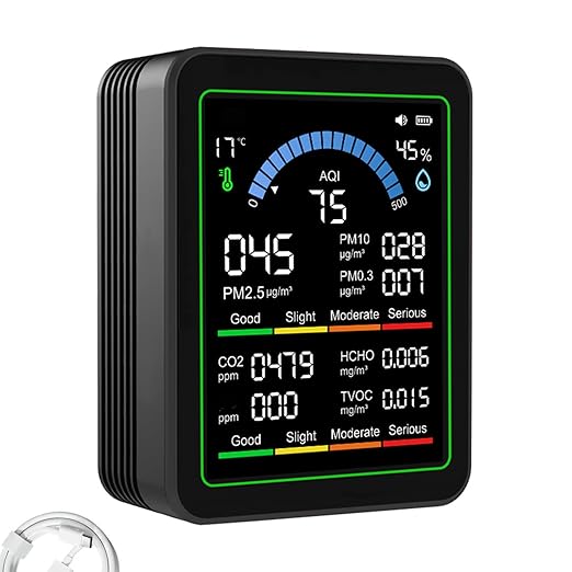 10 in 1 Indoor Air Quality Monitor, Air Tester, Portable Smartair Quality Tester for CO2 | TVOC | HCHO | Temp | AQI | PM0.3-1 Detection Suitable for Home, Cars, Plants, Pets and Hotels