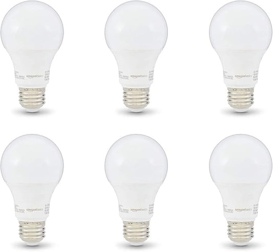 Amazon Basics Non-Dimmable LED Light Bulbs, Great Brightness, 40W Equivalent, 6W, E26 Standard Base, 2700K, 10,000 Hour Lifetime, Soft White A19, 6-Pack