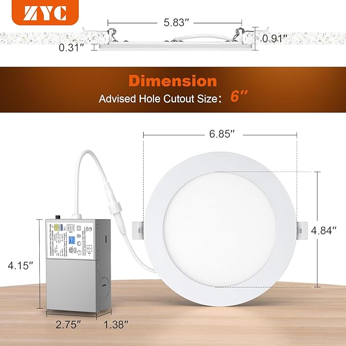 ZYC Canless LED Recessed Lighting 6 Inch 6 Pack 5CCT Ultra-Thin Downlight Lights with Night Light Mode,12W 1100LM Dimmable Retrofit Wafer Recessed Ceiling Light,1800K to 6000K ETL,FCC