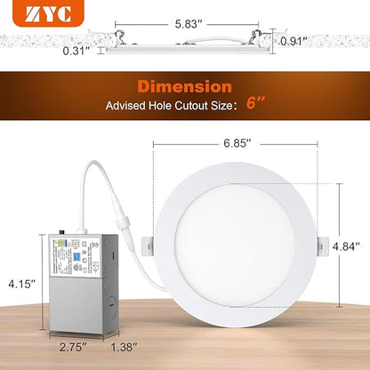 ZYC Canless LED Recessed Lighting 6 Inch 6 Pack 5CCT Ultra-Thin Downlight Lights with Night Light Mode,12W 1100LM Dimmable Retrofit Wafer Recessed Ceiling Light,1800K to 6000K ETL,FCC