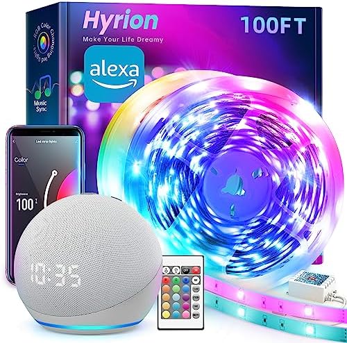 hyrion Smart LED Strip Lights 100ft WiFi, RGB Color Changing Lights Work with Alexa and Google Assistant, 16 Million Colors with App Control and Voice Control Led Lights for Bedroom, Room Decor