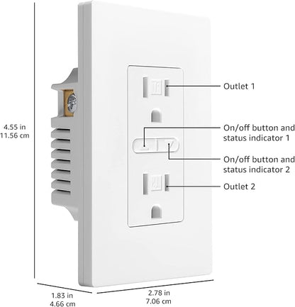Amazon Basics Smart In-Wall Outlet, Works with Alexa Only, Individually Controlled Outlets, Voice Control, WiFi, 15 Amps, 2.4 GHz, No Hub Required, White