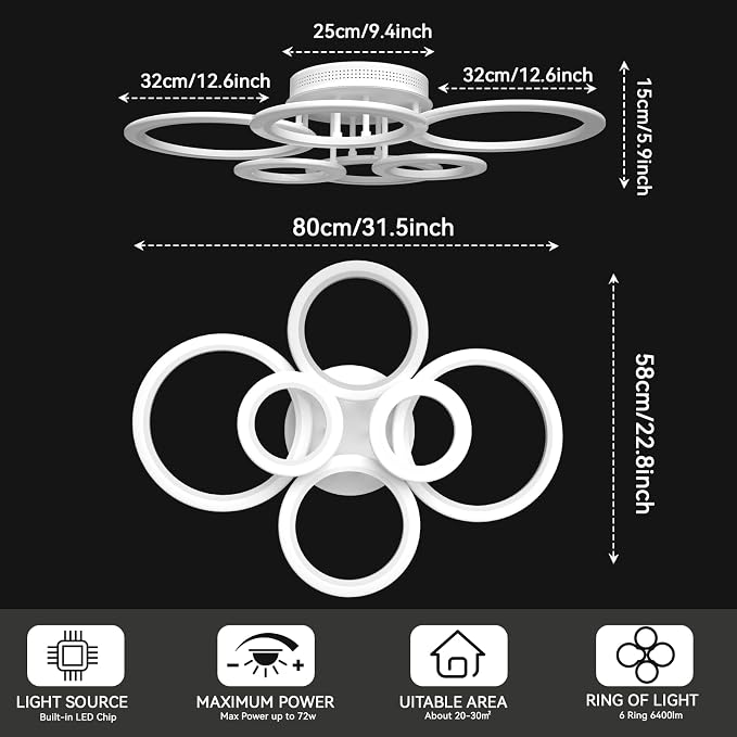 72W 6 Ring LED Ceiling Light Dimmable for Living Bedroom Kitchen | Smart App & Remote Control, 2800K-7000K Adjustable, Modern Flush Mount Ceiling Lamp for Multi-scene Indoor