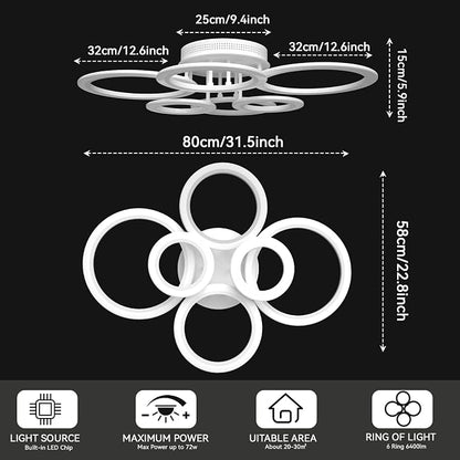 72W 6 Ring LED Ceiling Light Dimmable for Living Bedroom Kitchen | Smart App & Remote Control, 2800K-7000K Adjustable, Modern Flush Mount Ceiling Lamp for Multi-scene Indoor
