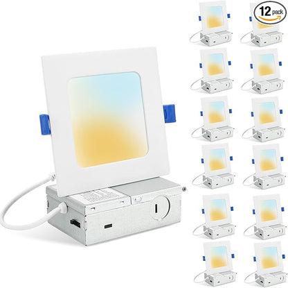 HONZIN 12 Pack 4 Inch Square Recessed Lighting, 5CCT Ultra Thin Square Recessed LED Downlight with Junction Box, 2700K/3000K/3500K/4000K/5000K Selectable, Dimmable,12W, Canless IC Rated, White Trim