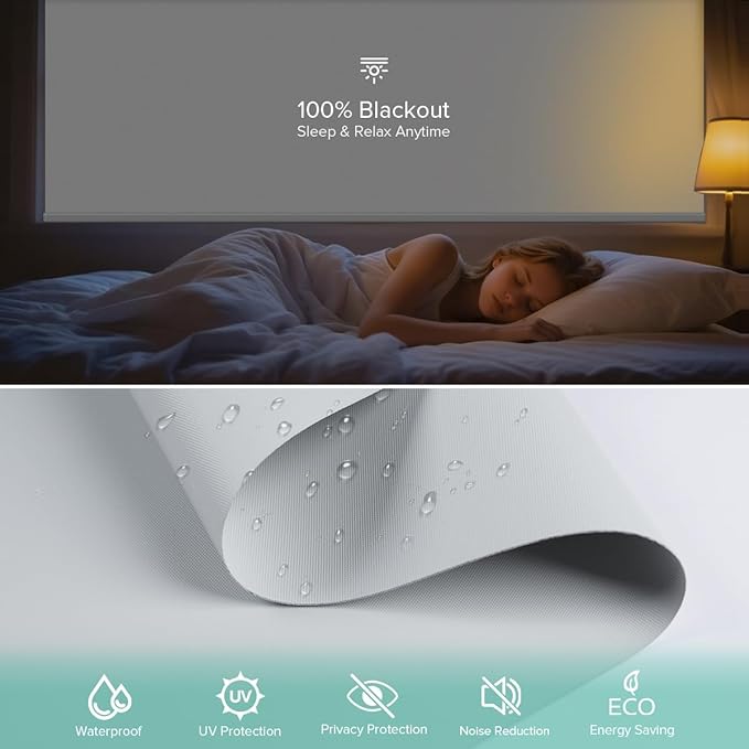 Motorized Roller Shades, 10O% Blackout Waterproof Remote Control Custom Window Shades Work with Alexa Google Assistant via RF Hub, Rechargeable Electric Blinds for Windows (Vinyl Light Grey)