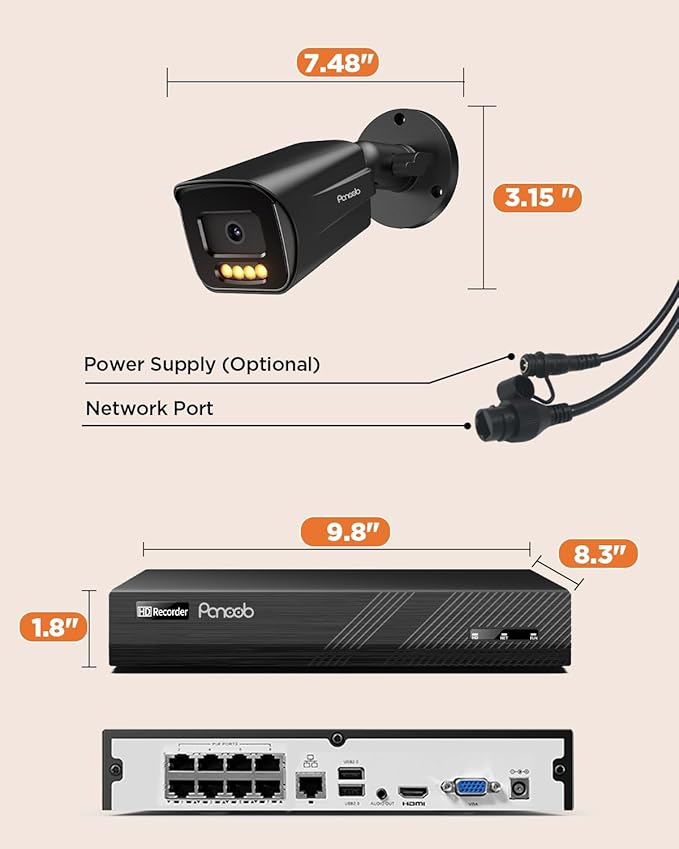 PoE Security Camera System 4K, 8PCS 8MP PoE IP Bullet Camera Outdoor with 2 Way Audio, Smart Color Night Vision, AI Human Vehicle Detection, Remote Access, 8CH NVR with 2TB HDD, PB65B0808-8MD