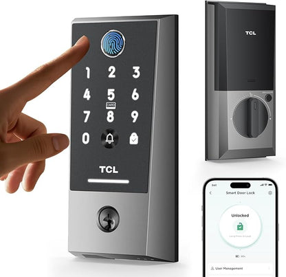 TCL Smart Lock D2 Plus, Keyless Entry Fingerprint Door Lock, Touchscreen Keypad Deadbolt Lock, Built-in Doorbell, Auto Lock, App Control, Alexa, Google Home Compatible, Easy Install for Front Door