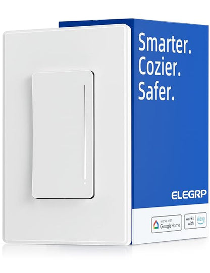 ELEGRP Smart Dimmer Light Switch DTR30, Single Pole or 3 Way, 2.4GHz Wi-Fi Touch Dimmer Compatible with Alexa/Google Assistant, Needs Neutral Wire, No Hub Required, UL Listed, Matte Black, 1 Pack
