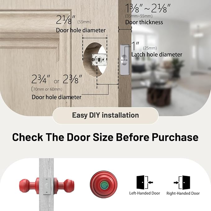 Smart Fingerprint Door Lock Knob, Tuya App Keyless Entry, Red