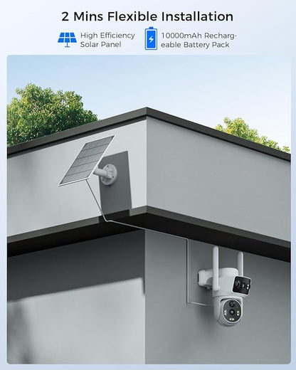 Solar Dual Lens Security Cameras Wireless Outdoor, Work with Home Dual Lens Security Camera System, 2.4G & 5G WiFi 4MP Colorful Night Vision PIR Two-Way Audio PT 360°