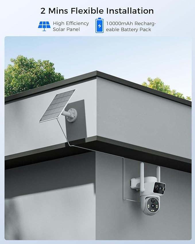 Solar Dual Lens Security Cameras Wireless Outdoor, Home Dual Lens Security Camera System, No Subscription, 2.4G & 5G WiFi 4MP Night Vision, 64G SD Local Recording Expandable to 10CH