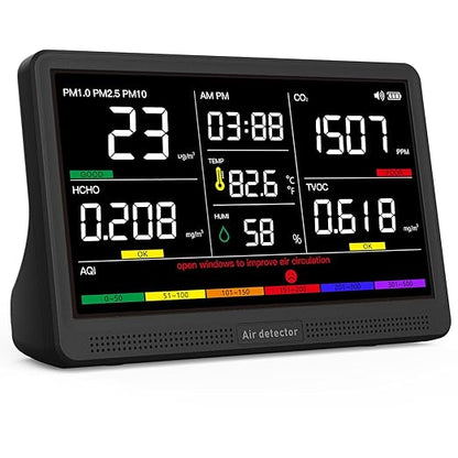 16 in 1 Air Quality Monitor Indoor 7" Display 9 AQI+7 AQI Alerts, CO2 Monitor Air Quality Tester for CO2, TVOC, PM2.5 PM1.0 PM10, HCHO Temperature Humidity AQI & Time Air Quality Meter for Home