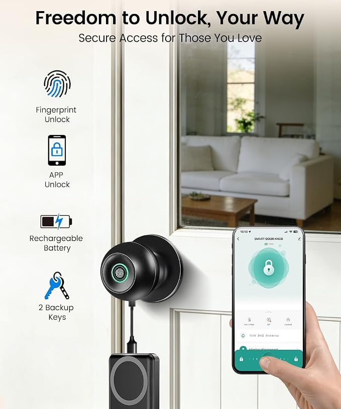 Smart Door Knob with Lock, Keyless Entry Fingerprint Door Lock, Black | Smart Lock with Auto-Lock , App, Key, Fingerprint Door Locks for Front Door, Garage, Apartment, Hotel, Interior, Exterior
