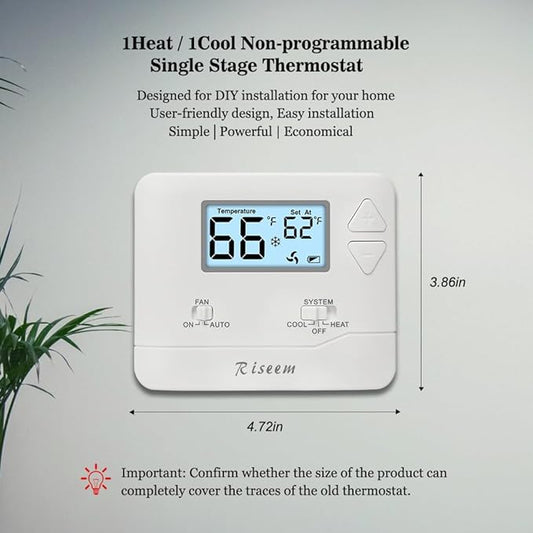 NonProgrammable Thermostat for Home, Single-Stage Systems,Digital Energy-Saving Thermostat,1 Heat/1 Cool, Easy DIY Install,White Backlight