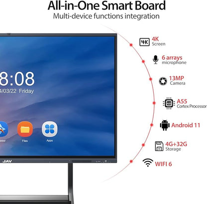 JAV Smart Board, 65'' 4K UHD Interactive Whiteboard, All in One Smartboard for Office, Digital Smart Whiteboard Built in Dual System and 13MP Camera for Classroom (Wall Mount Included)