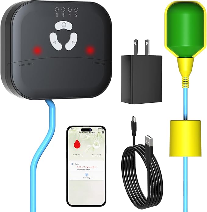 Smart WiFi High Sump Pump Alarm, Built-in Backup Battery, Float Switch Water Level Alarm, Free App Notifications, 90dB Siren, IP44 Splash-Proof, for Basement, Septic Tank, Sump Pit
