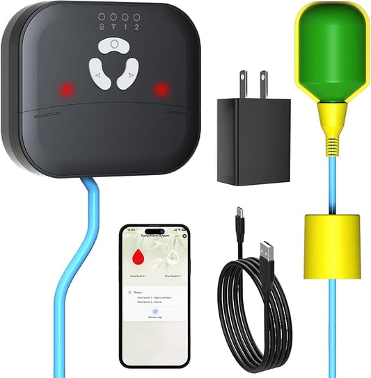 Smart WiFi High Sump Pump Alarm, Built-in Backup Battery, Float Switch Water Level Alarm, Free App Notifications, 90dB Siren, IP44 Splash-Proof, for Basement, Septic Tank, Sump Pit