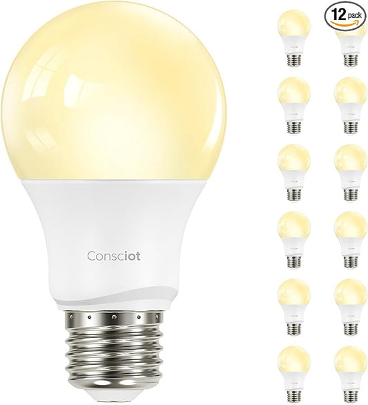 Consciot A19 LED Light Bulbs Dimmable,60W Equivalent,3000K Warm White,9W 800 Lumens,E26 Standard Base,UL Listed,Lighting for Bedroom Living Room Home Office,12 Packs