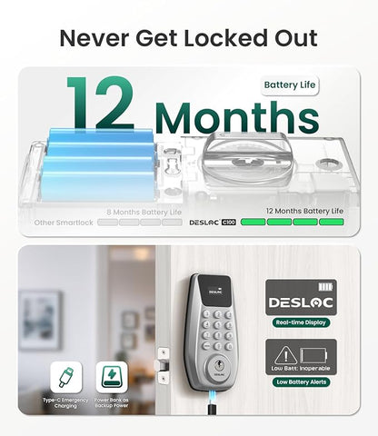 DESLOC C100 Keyless Entry Door Lock with Visual Display, 100 Customizable User Codes and 4 One-Pass code, door locks for front door with 2 Keys,12 Months Battery, IP54, BHMA Grade 3, Auto Lock, Silver