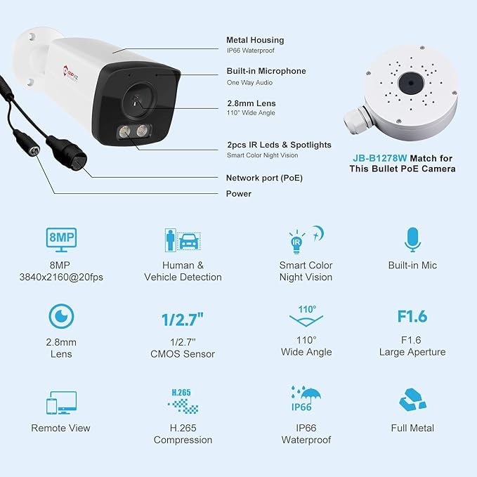 Anpviz 4K PoE IP Bullet Camera with 100ft Smart Dual Light Color Night Vision, 8MP Security IP Camera Outdoor Indoor, MD2.0,Micro SD Slot, Built in Mic,Metal,IP66,Wired,NDAA,IPC-B8A83WD-S (U Series)