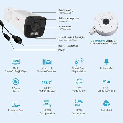Anpviz 4K PoE IP Bullet Camera with 100ft Smart Dual Light Color Night Vision, 8MP Security IP Camera Outdoor Indoor, MD2.0,Micro SD Slot, Built in Mic,Metal,IP66,Wired,NDAA,IPC-B8A83WD-S (U Series)