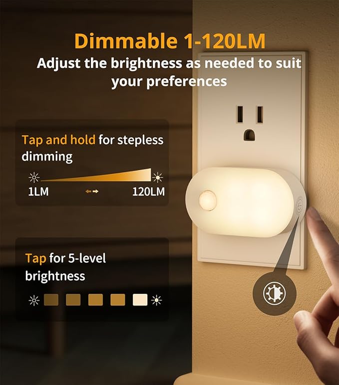 Lyridz Plug in Night Light with Motion Sensor, 120LM Superior Bright Smart Mini LED Nightlight, Warm White with Stepless Adjustable Brightness for Bathroom, Bedroom, Kitchen, Stairs, Hallway, 2 Pack