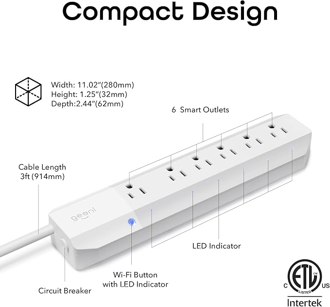Geeni Smart Surge Protector 6-Outlet Power Strip – Wi-Fi Enabled with Voice Control (Alexa, Google Assistant), Surge Protection, 3ft Extension Cord, Remote Access