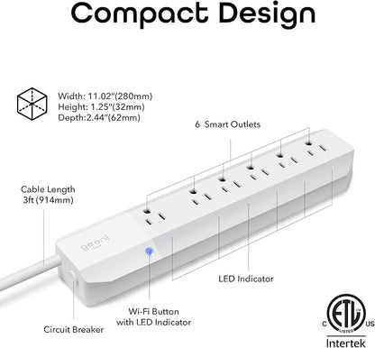 Geeni Smart Surge Protector 6-Outlet Power Strip – Wi-Fi Enabled with Voice Control (Alexa, Google Assistant), Surge Protection, 3ft Extension Cord, Remote Access