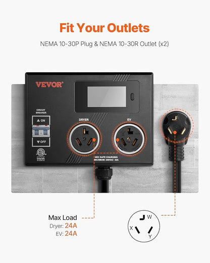 VEVOR NEMA Splitter for Dryer and EV, 3-Color LED Indicator, 240V Smart Power Distribution, with NEMA 10-30 Plug, Two NEMA 10-30 Outlets, 3.4 in LCD Screen, Max 24A Dryer EV, Tested to ETL Standard