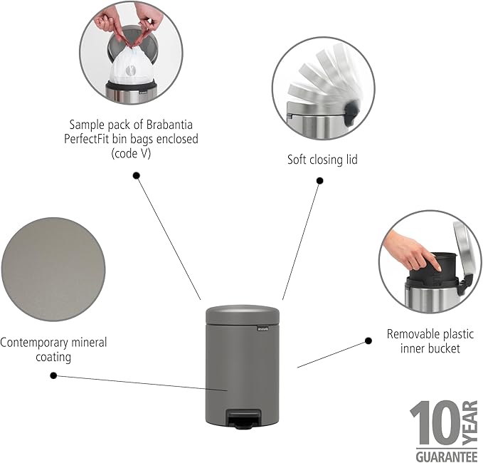 Brabantia Step-On XS Trash Can | Mineral Concrete Gray | 0.8 Gallon / 3L | Bathroom, Bedroom, Office Trash Can, Light Pedal, Handle & Removable Inner Bucket | 9.9 x 13.3 x 16.2 | + Trash Bags