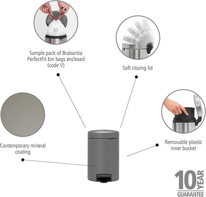 Brabantia Step-On XS Trash Can | Mineral Concrete Gray | 0.8 Gallon / 3L | Bathroom, Bedroom, Office Trash Can, Light Pedal, Handle & Removable Inner Bucket | 9.9 x 13.3 x 16.2 | + Trash Bags
