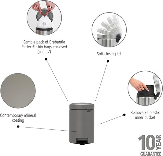 Brabantia Step-On XS Trash Can | Mineral Concrete Gray | 0.8 Gallon / 3L | Bathroom, Bedroom, Office Trash Can, Light Pedal, Handle & Removable Inner Bucket | 9.9 x 13.3 x 16.2 | + Trash Bags