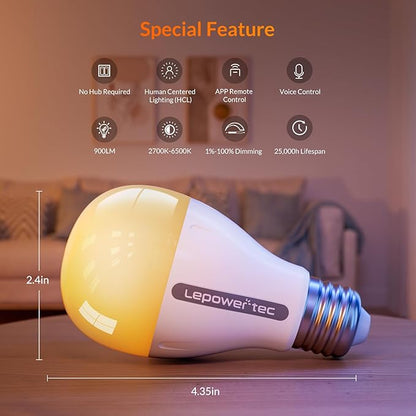 LEPOWER-TEC Smart Light Bulbs, Smart Bulb Compatible with Alexa/Google Assistant Only, Dimmable LED Light Bulbs BT/2.4G WiFi Bulbs, 900LM, A19 E26 (Dimmable Soft White, 4 Pack)