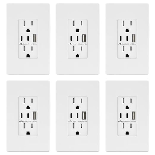 TOPGREENER 4.2A 3-Port Type C USB Outlet, 15 Amp Receptacle Plug, Charging Power Outlet with Dual Type C&A Ports, Screwless Wall Plate Included, UL Listed, TU21542AC2-WSID, White, 6 Pack