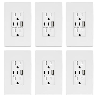 TOPGREENER 4.2A 3-Port Type C USB Outlet, 15 Amp Receptacle Plug, Charging Power Outlet with Dual Type C&A Ports, Screwless Wall Plate Included, UL Listed, TU21542AC2-WSID, White, 6 Pack