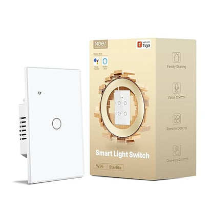 MOES 2nd Generation Smart Touch Wall Switch, 2.4GHz Wi-Fi Single Fire Single Pole Switch, No Neutral Wire Required, Remote MOES APP Control, Compatible with Alexa and Google Home 110V White 1 Gang