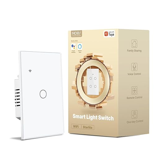 MOES 2nd Generation Smart Touch Wall Switch, 2.4GHz Wi-Fi Single Fire Single Pole Switch, No Neutral Wire Required, Remote MOES APP Control, Compatible with Alexa and Google Home 110V White 1 Gang