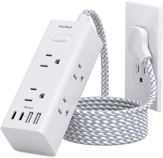 Flat Plug Extension Cord 5Ft, One Beat 5 Feet Surge Protector Power Strip with 6 Widely Outlets 4 USB Ports (2 USB C), 3 Way Wall Outlet Extender Extension Cord for Home Office College Dorm Room