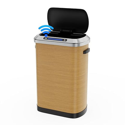 pouseayar 13 Gallon Smart Automatic Trash Can with Lid, Stainless Steel Thickened Body & Super Mute Sensor Lid with 30 Count Garbage Bags for Kitchen Office Bedroom Waste Bin and More - Wood Color