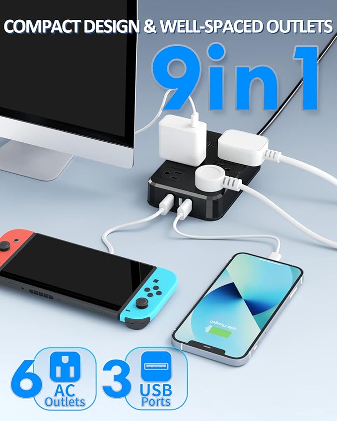 Qiyuan Outdoor Power Strip Weatherproof, 6 Outlet 3 USB 10FT Extension Cord