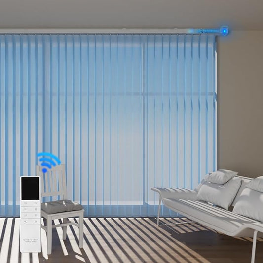 Motorized Sheer Vertical Blinds with Remote, Light Filtering Sliding Door Blinds - Customize (Blue)