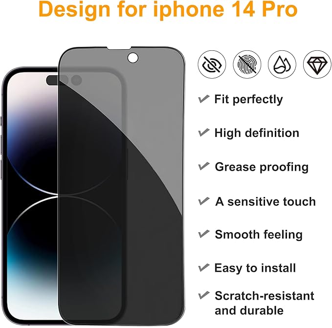 PEHAEL 2+2 Pack for iPhone 14 Pro Privacy Screen Protector with Camera Lens Protector Full Coverage Anti-Spy Tempered Glass Film 9H Hardness Easy Installation Bubble Free [6.1 inch]